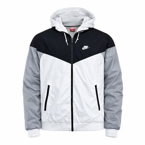 Nike Men’s Colorblock Windbreaker Jacket White Gray Black Hooded Zip Up Size L